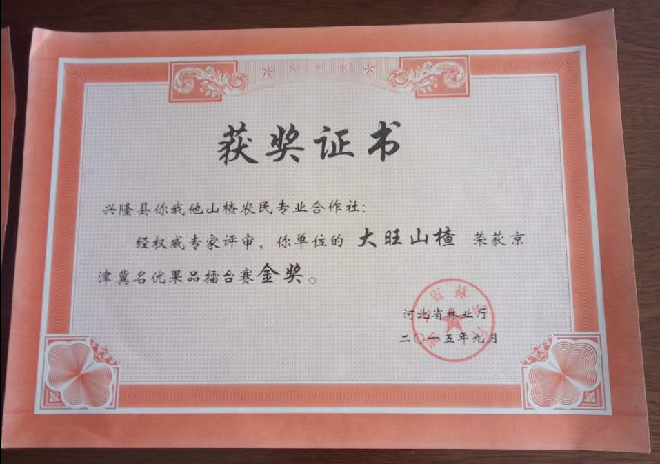 大旺山楂金奖证书